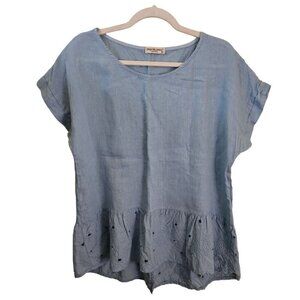 Terzo Millennio Baby Blue 100% Linen Lagonlook Eyelet Lace Top Size M